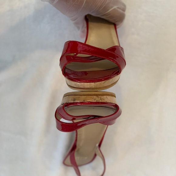 Stuart Weitzman Red Patent Slingback Platform Sandal Heel w/Cork Heels, Worn 1X! - Picture 5 of 11